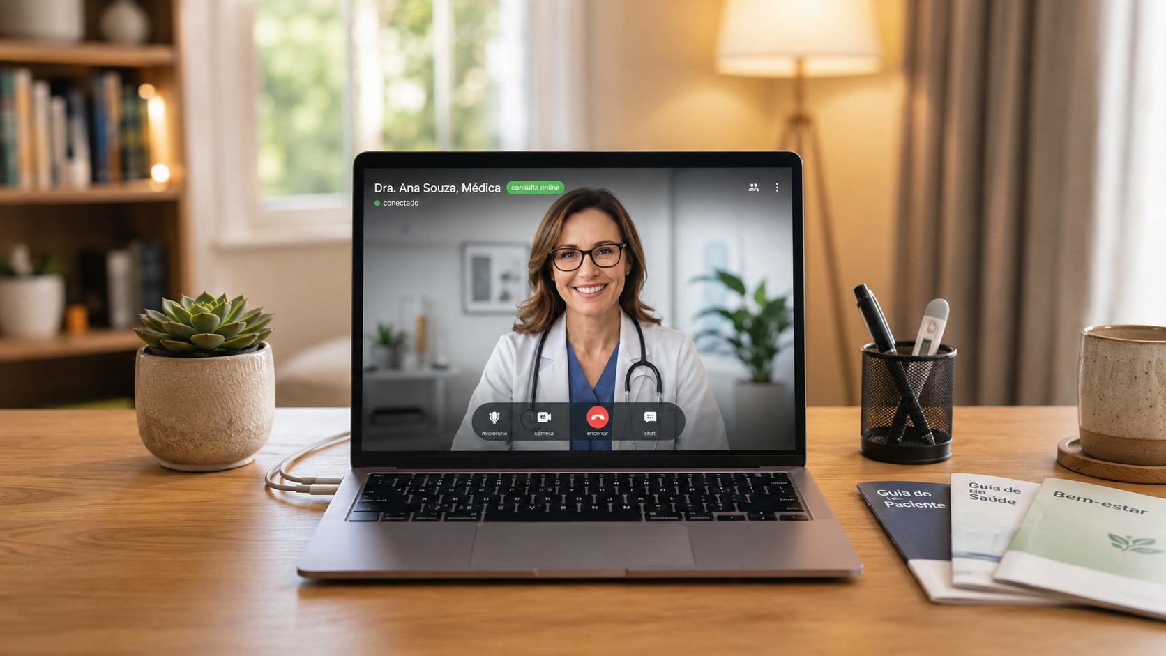 Médico sorrindo em videochamada no notebook